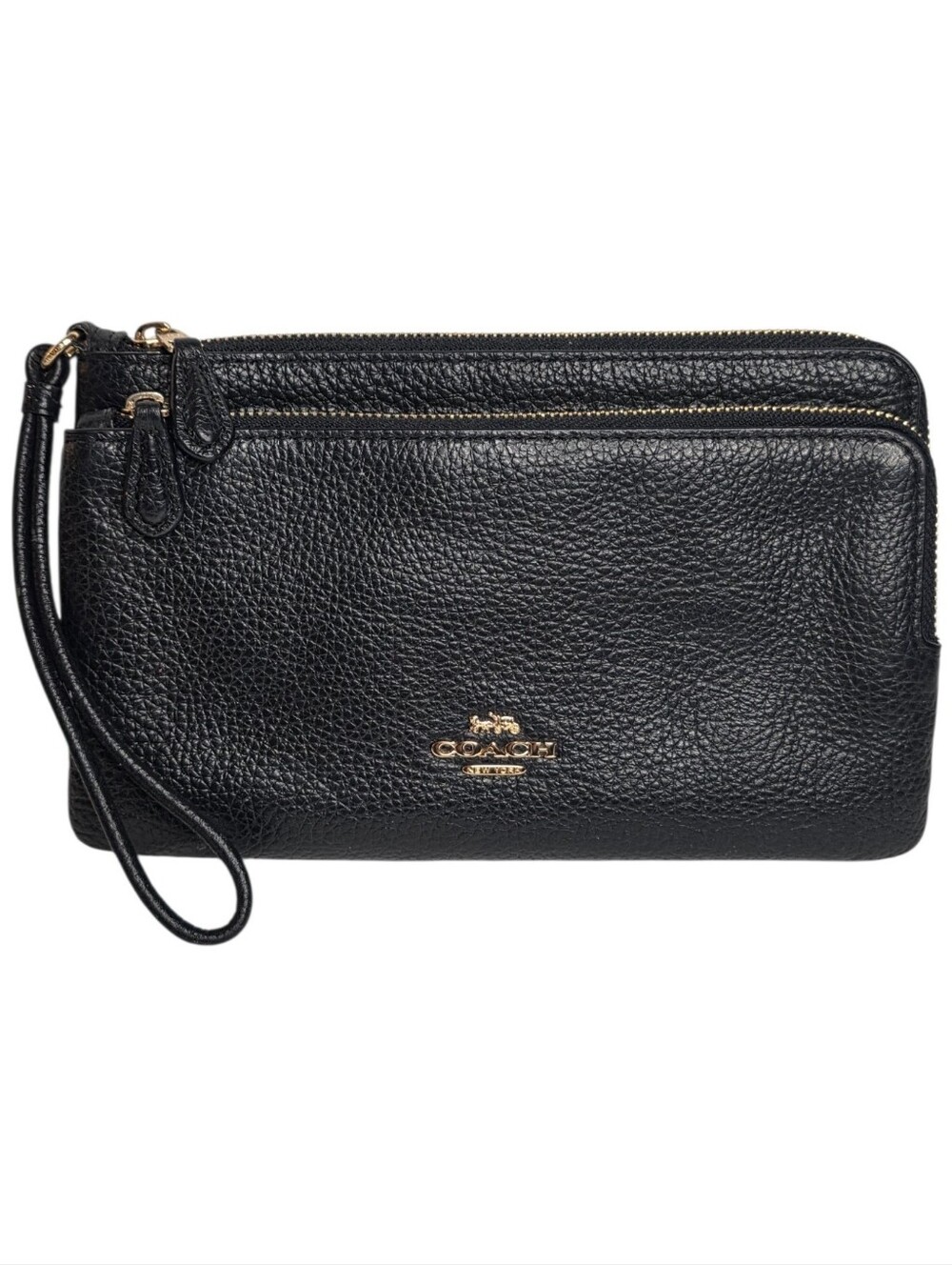 Coach Wallet Double Zip Black Pebbled Leather Wristlet Handbag Accessories